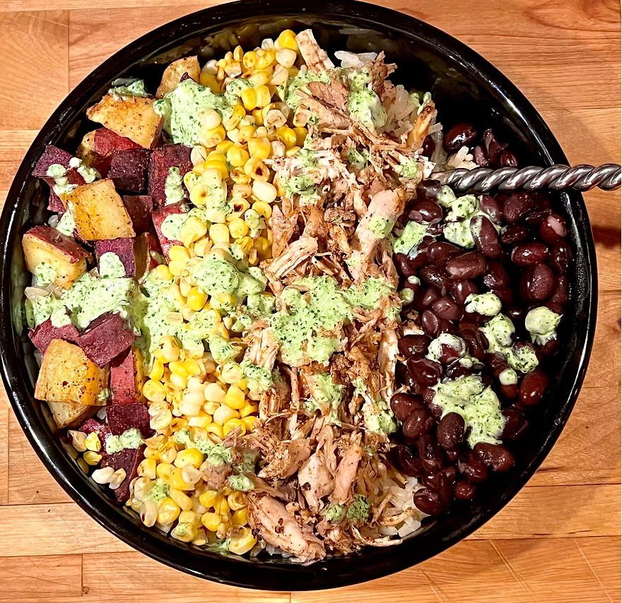 image of delicious rice bowl topped with Peruvian flavor.