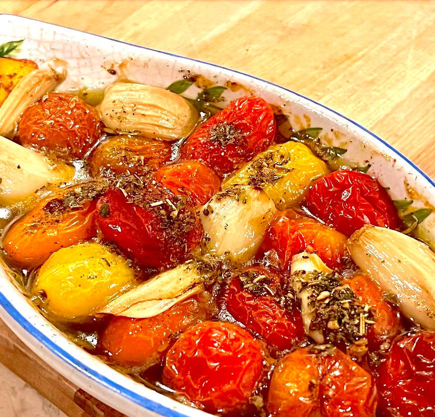 dish with baked tomatoes, garlic, and Pasta Toss Seasoning