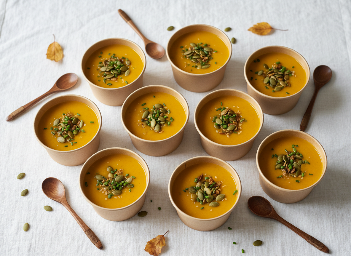 eight small soufflé cups with pumpkin sound in them. on a white background