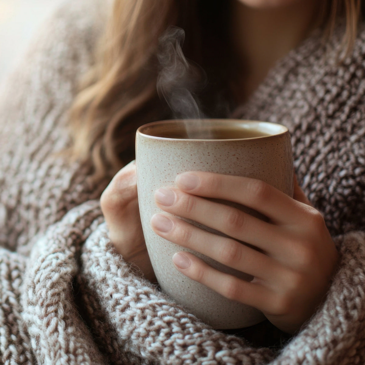 woman wrapped in sweater holding tea