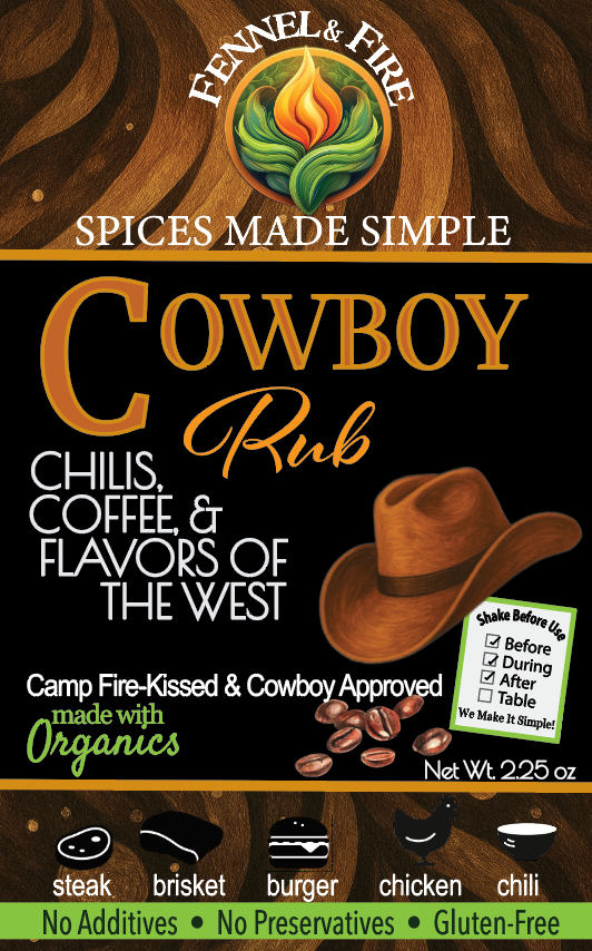 Cowboy Rub seasoning mix packaging with Fennel & Fire branding.