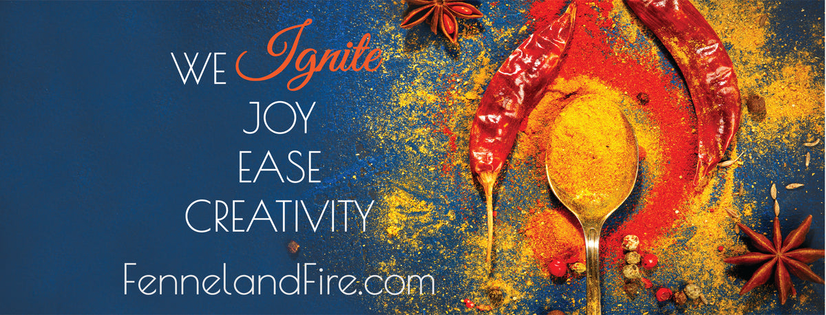 Promotional graphic with text 'We Ignite Joy Ease Creativity' and a spoon with spices, against a blue background.