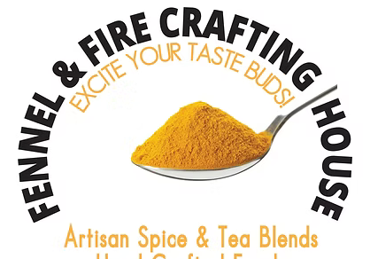 Spoonful of spice with 'Fennel & Fire Crafting House' branding and text.