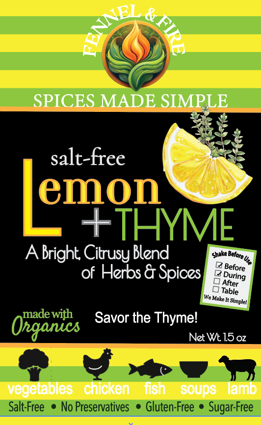 Spice blend packaging for 'Lemon + Thyme' with branding and product details.