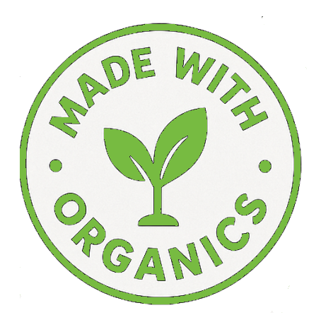 Circular logo with 'Made with Organics' text and a leaf symbol on a white background