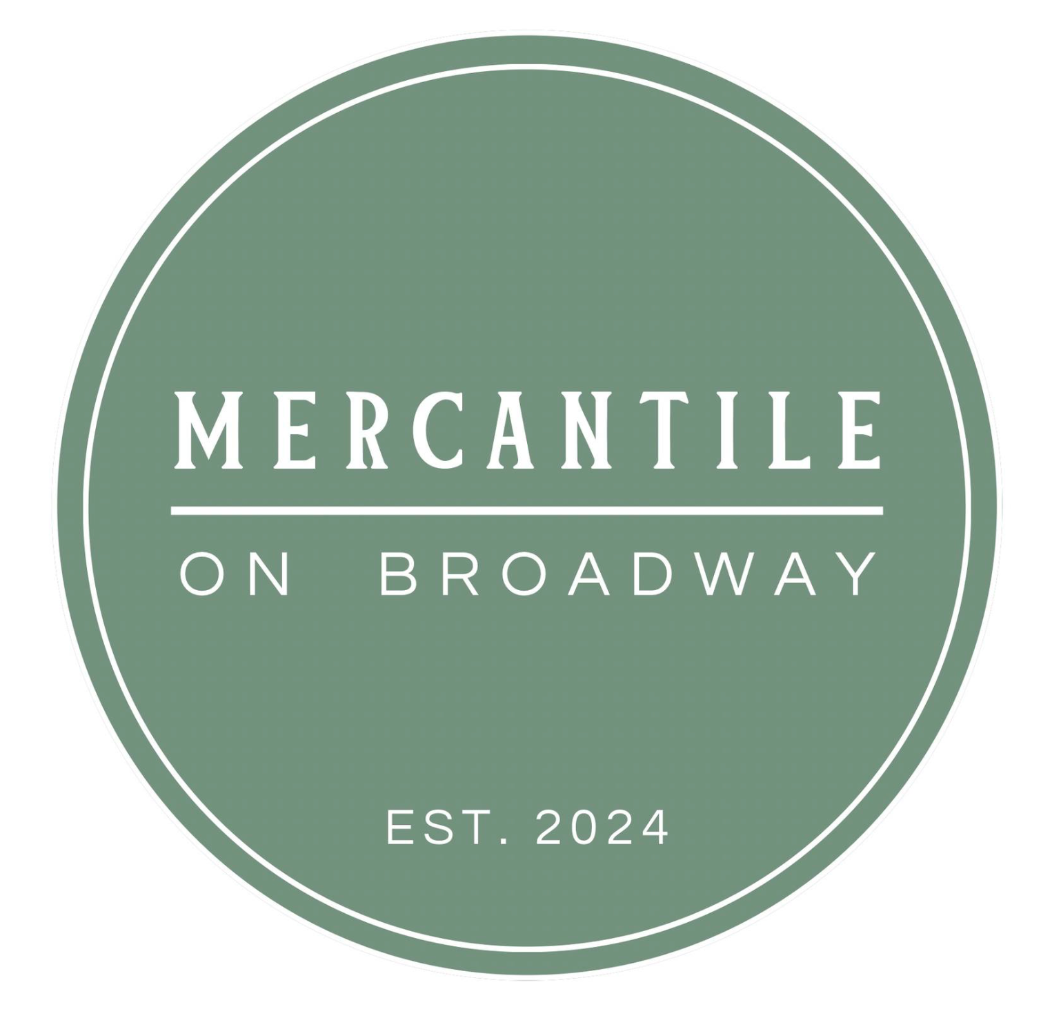 Circular logo for 'Mercantile on Broadway' established in 2024 on a green background