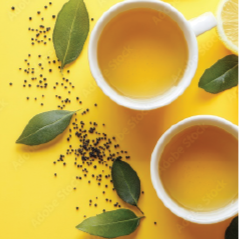 Spices on an orange background and a cup of tea with leaves on a yellow background