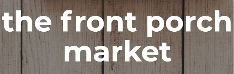 Text 'the front porch market' on a wooden background