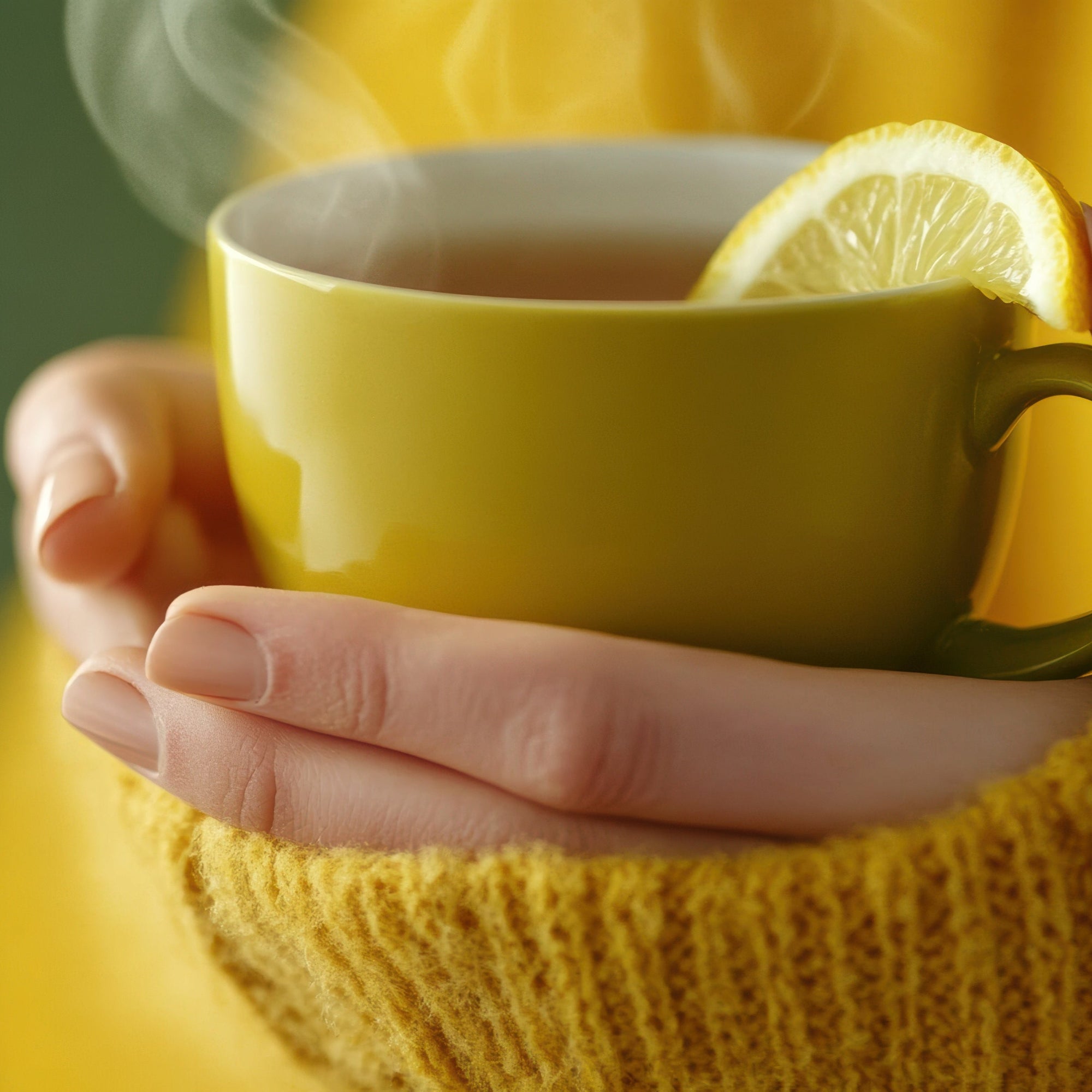 Up close of hands holding a yellow mug with steam and a lemon slice against a blurred background wearing a yellow sweater.