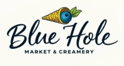 Logo of Blue Hole Market & Creamery with a blueberry and cornbread muffin icon.