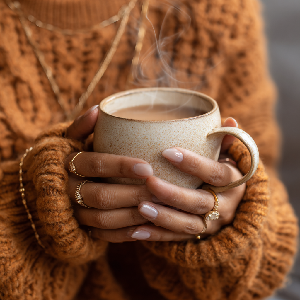 Person holding a steaming mug of hot chocolate with a warm, cozy sweater.
