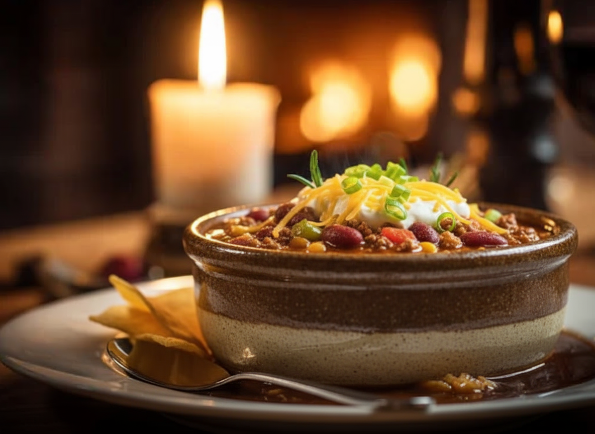 Bowl of chili with toppings on a plate in front of a fireplace