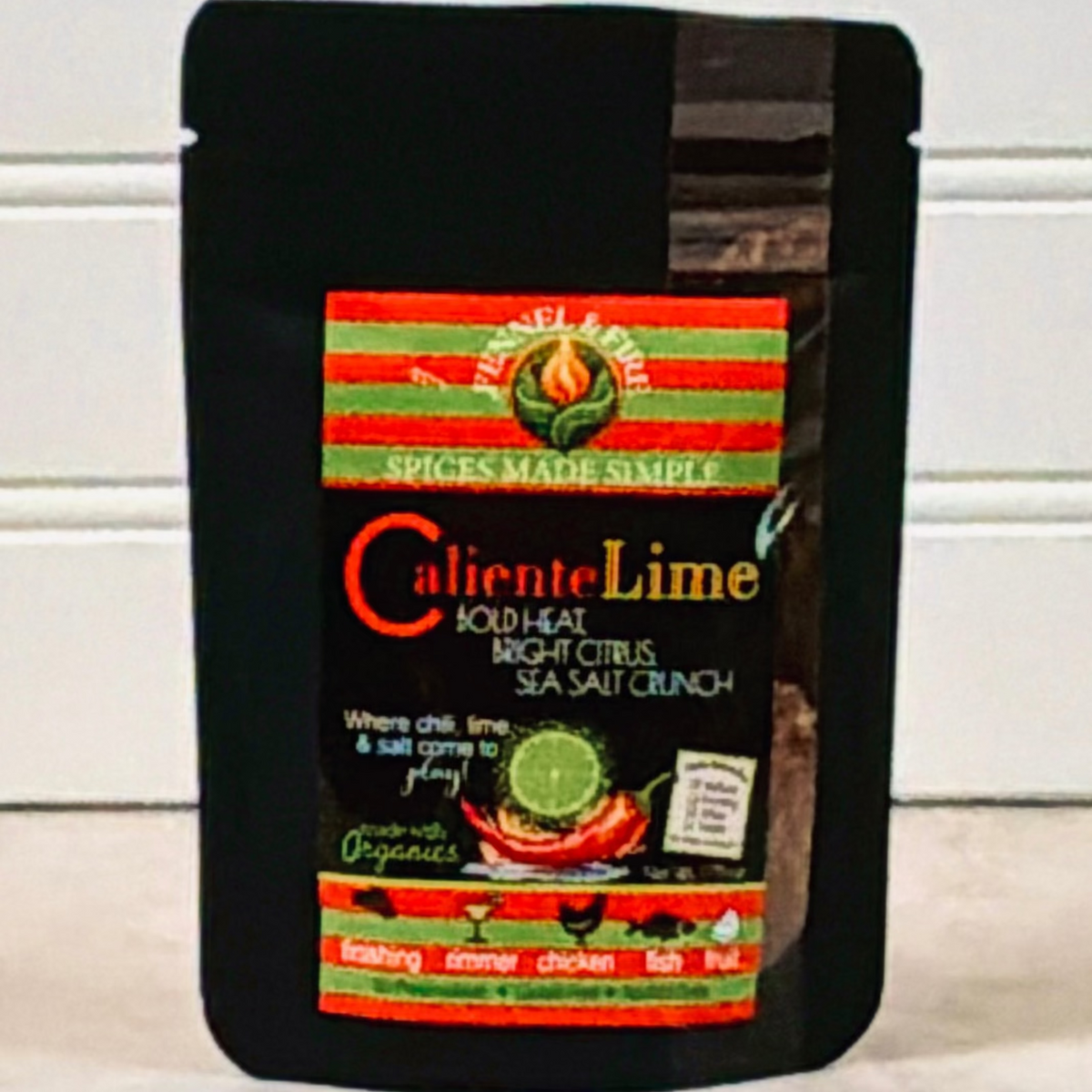 Caliente Lime hot sauce packaging on a white background