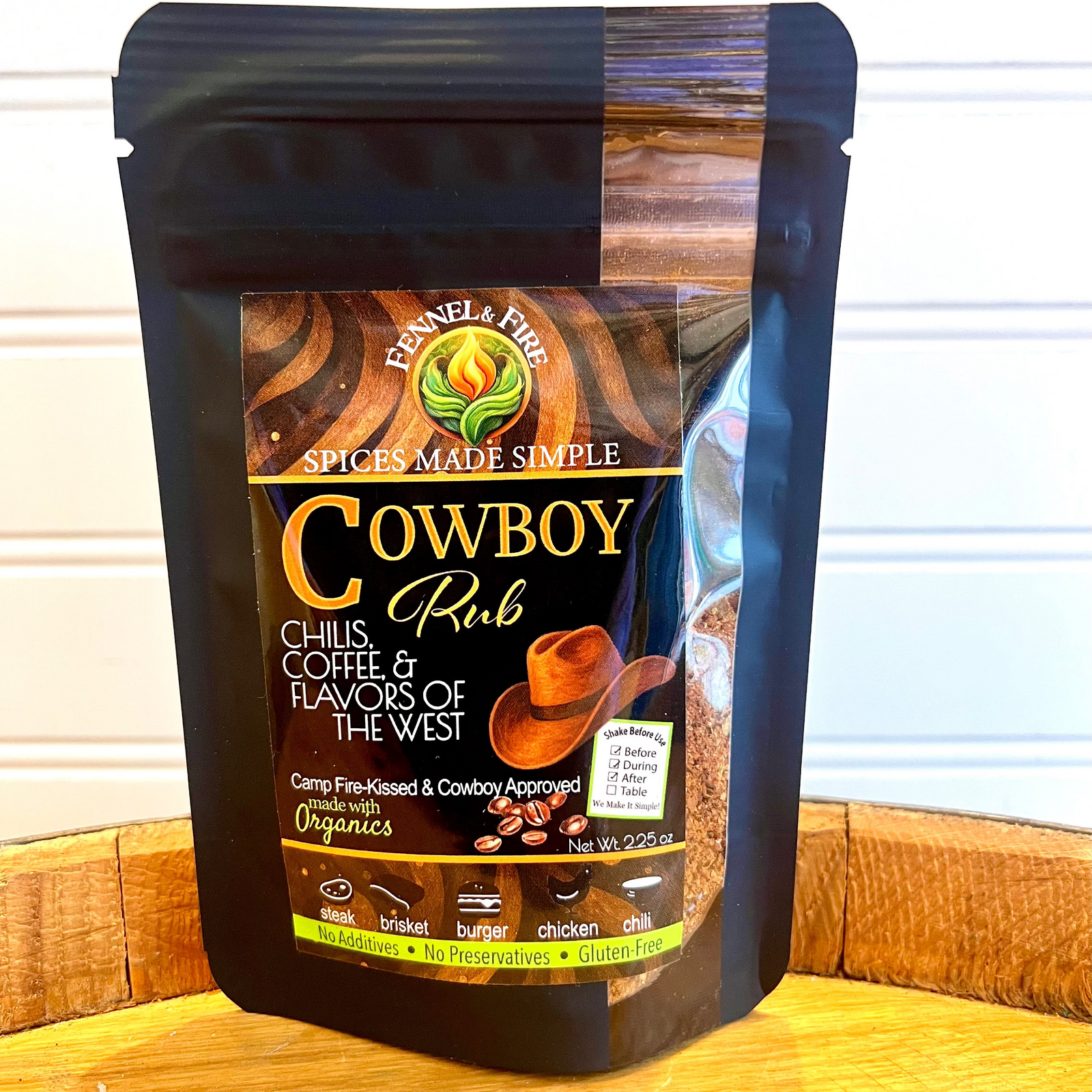 Bag of Cowboy spice with a cowboy hat and coffee on label