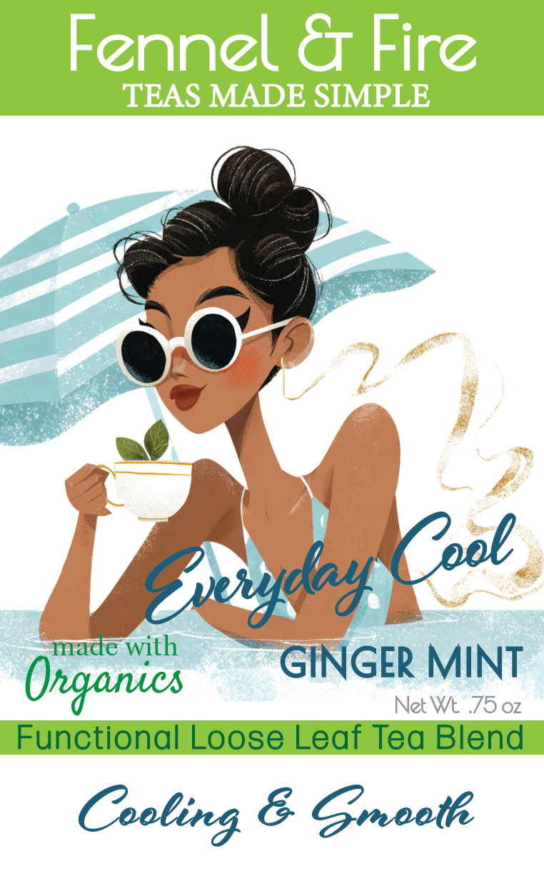 Tea package with a woman holding a tea cup, featuring 'Fennel & Fire' branding and product details.