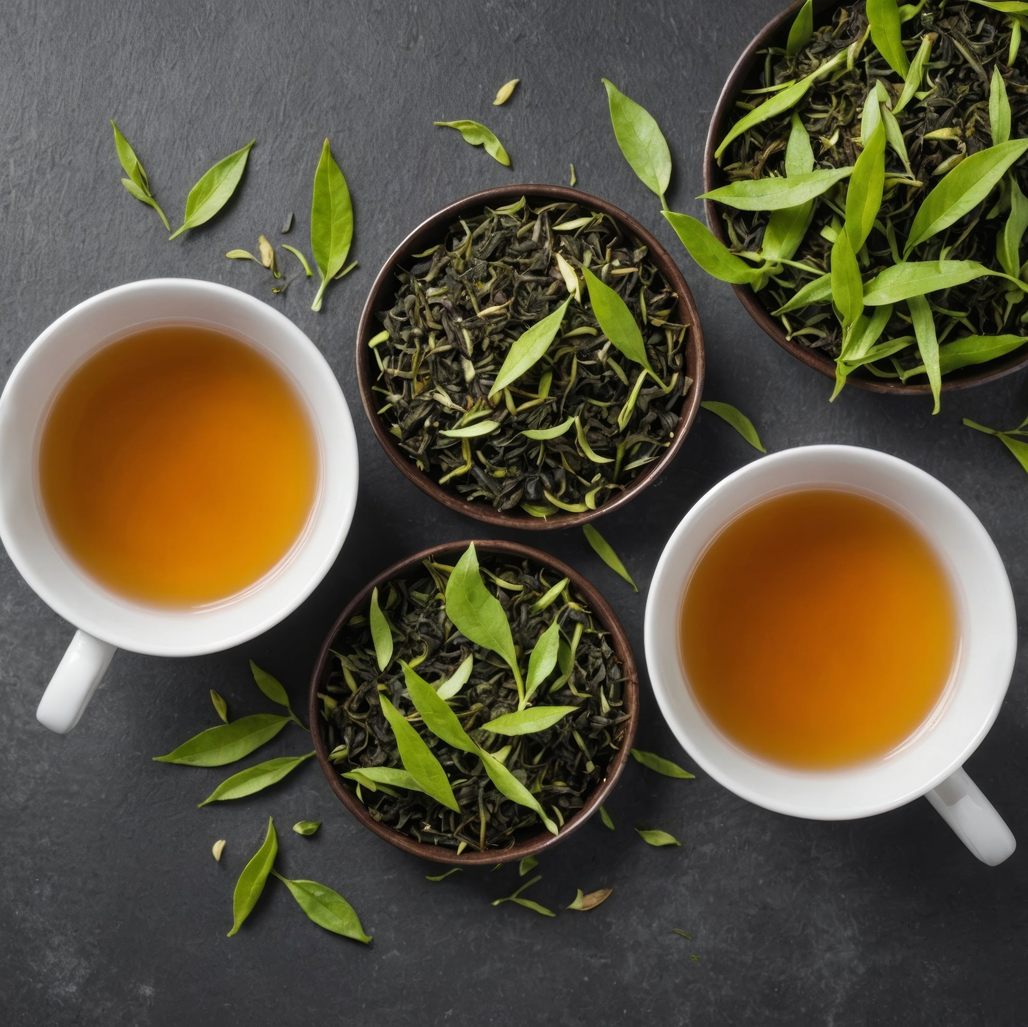 "Blend Your Own Tea"  Experience -A Perfect Pairing for Two image 0 two white cups of tea with green tea and fresh tea leaves in bowls