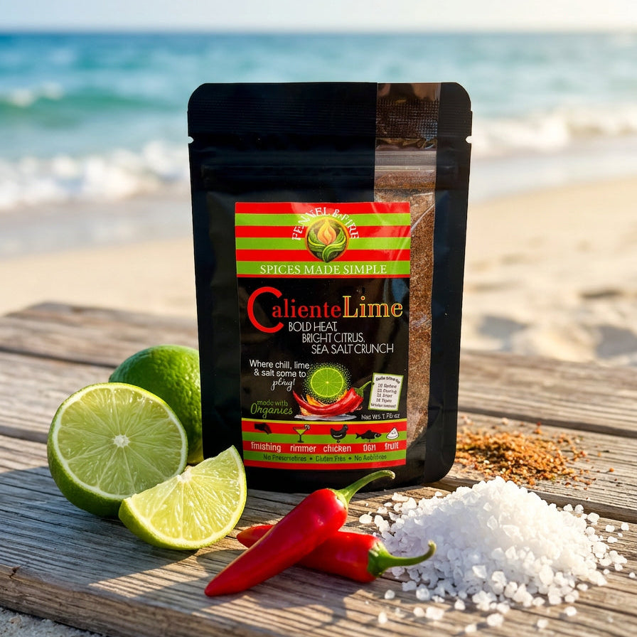 Spice package labeled 'Caliente Lime' on a beach with limes, salt, and chili peppers.