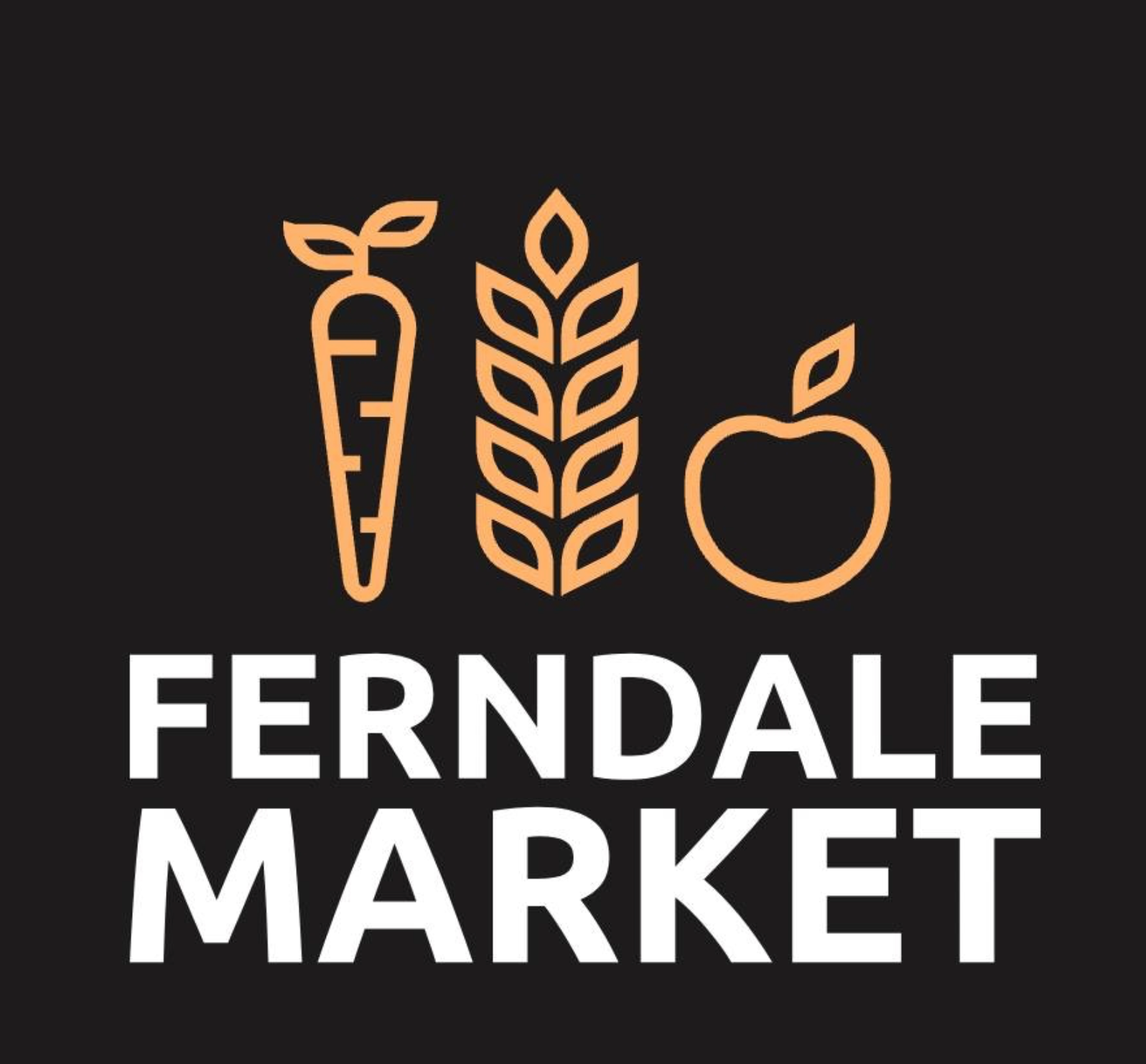 Logo of Ferndale Market with a carrot, wheat stalk, and apple on a black background.