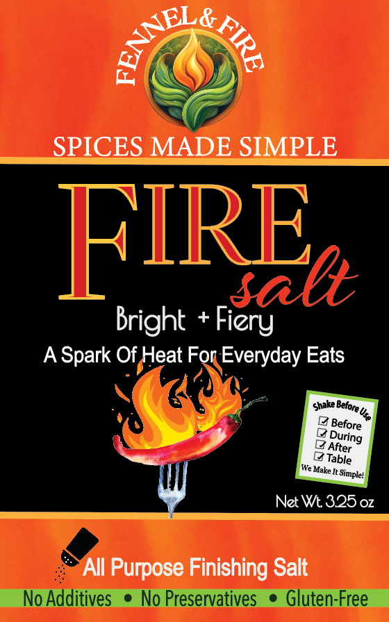Fennel & Fire Fire salt packaging with branding and product description.
