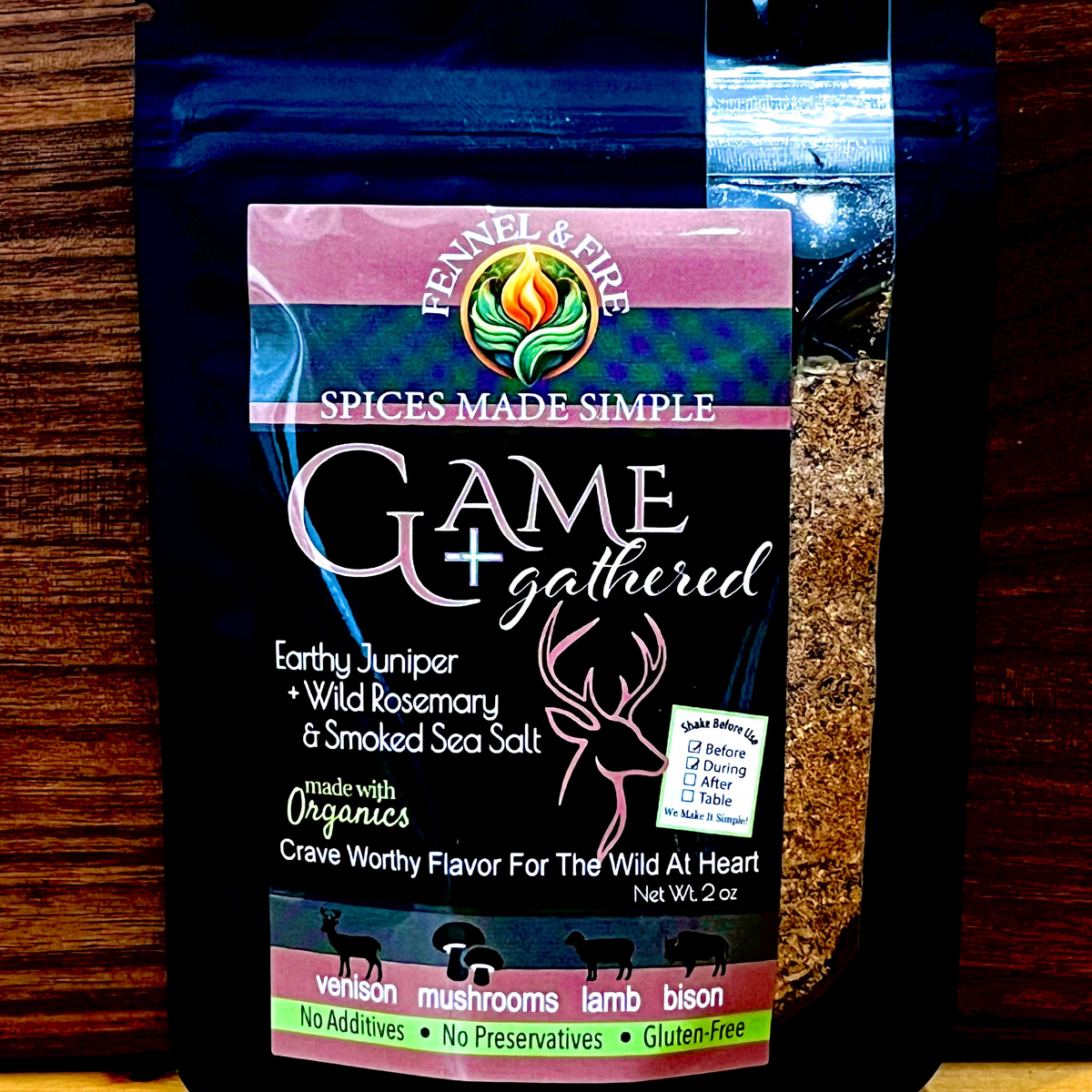 Game Gathered spice package on a wooden surface