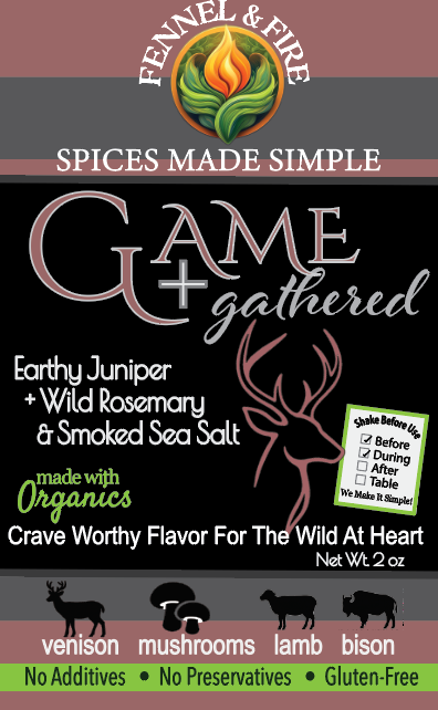 Fennel & Fire Game Gathered spice blend packaging with branding and product details.