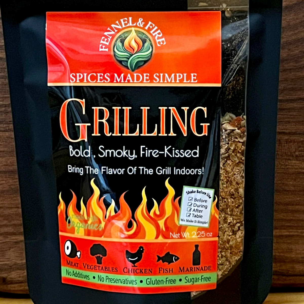 Spice package with 'Rennel & Fire' branding on a wooden surface