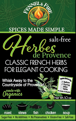 Fennel & Fire Herbes de Provence packaging with green background and text.