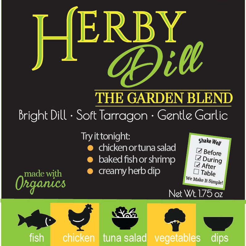 Herb seasoning blend packaging with branding and product details.