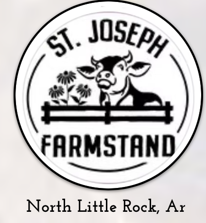 Logo of St. Joseph Farmstand with a cow illustration on a white background