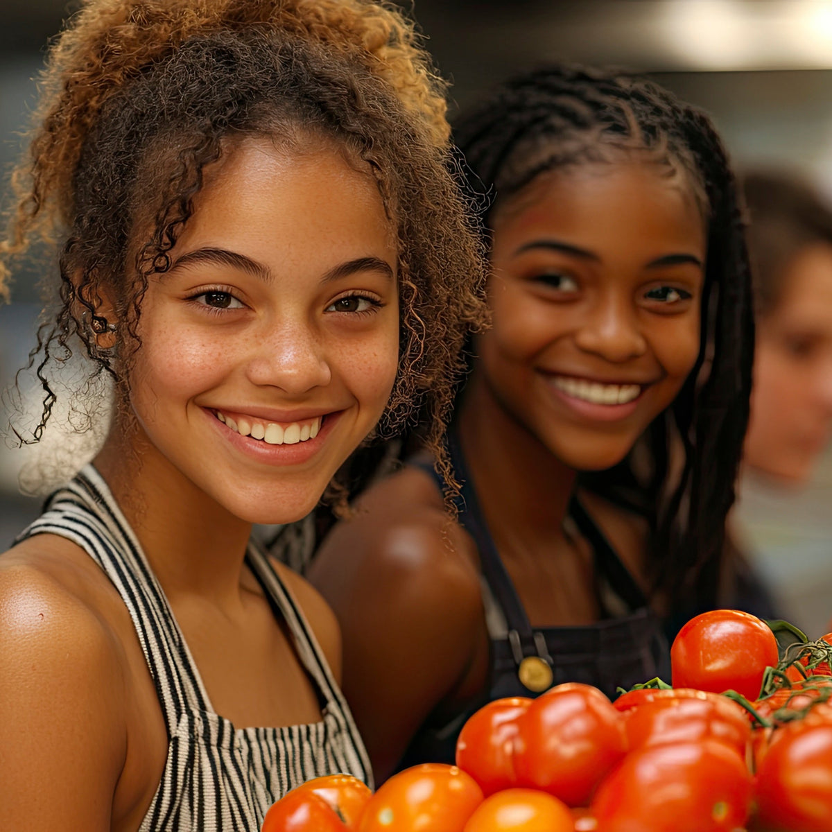 Two young women in a kitchen with tomatoes and other vegetables