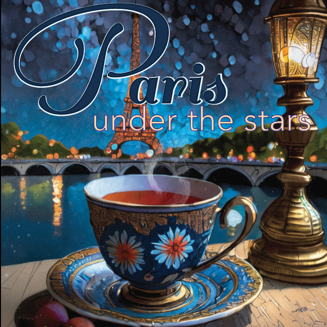 Tea blend packaging artwork for 'Fennel & Fire' from 'Around the Compass Collection' titled 'Paris under the stars'. The design features a steaming blue floral teacup on a saucer, a brass lamp, and the Eiffel Tower in the background over a river scene.