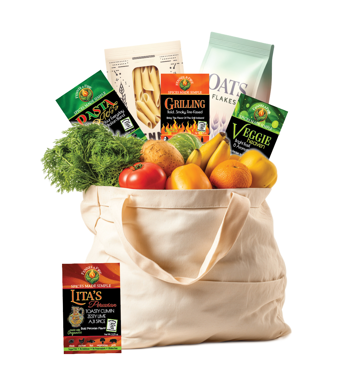 Tote bag filled with groceries including fruits, vegetables, and packaged items on a white background
