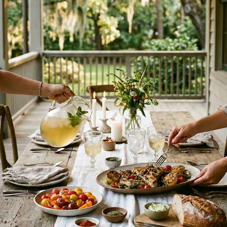 A rustic outdoor dining scene on a porch table set with a white table runner, plates, glasses, a pitcher, bread, and a large platter of food. Two person's arms are visible serving and eating, with a garden and trees in the background under warm string lights.