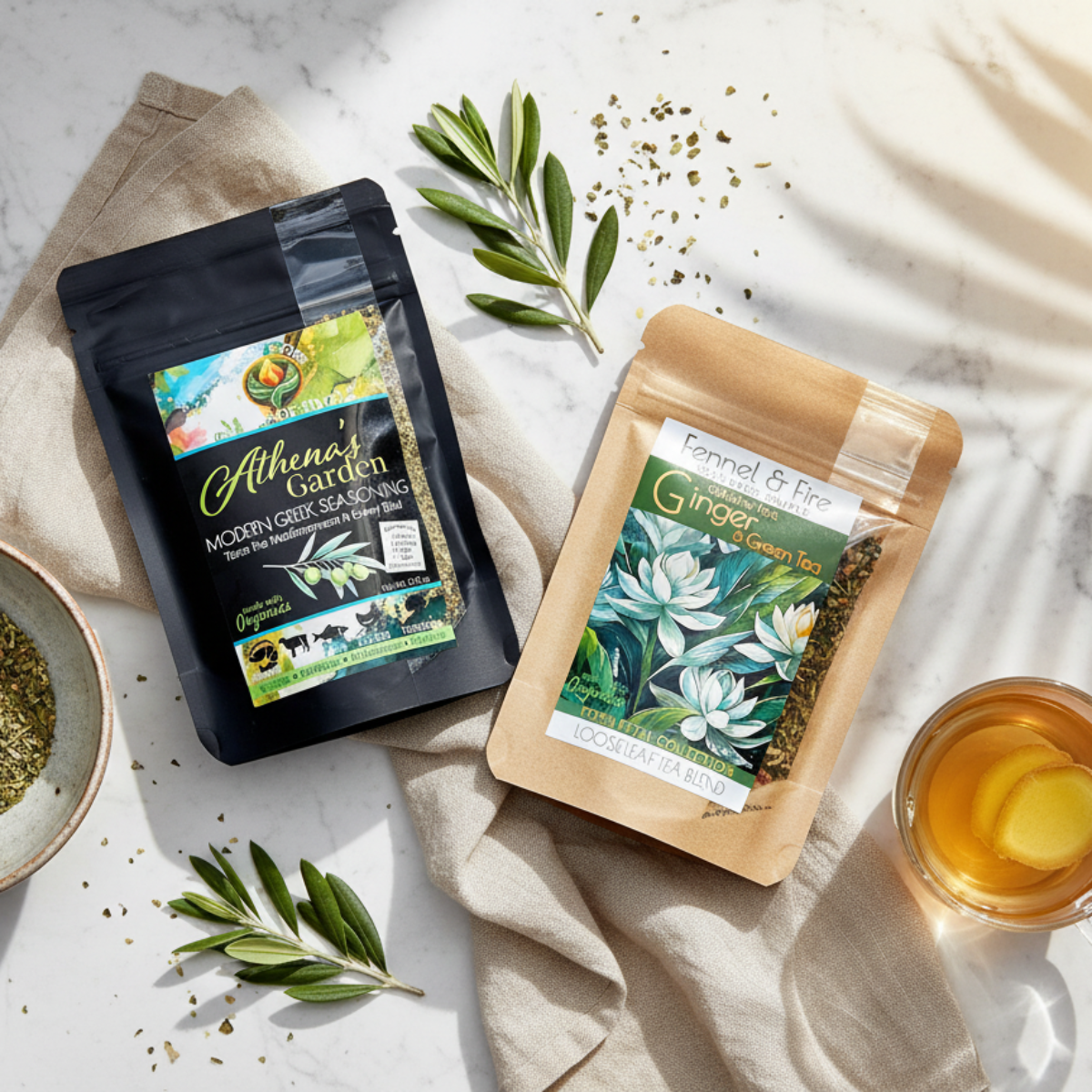 Two packages of Athenos Garden and Carrot & Pine on a marble surface with a cup of tea and a bowl of green herbs.
