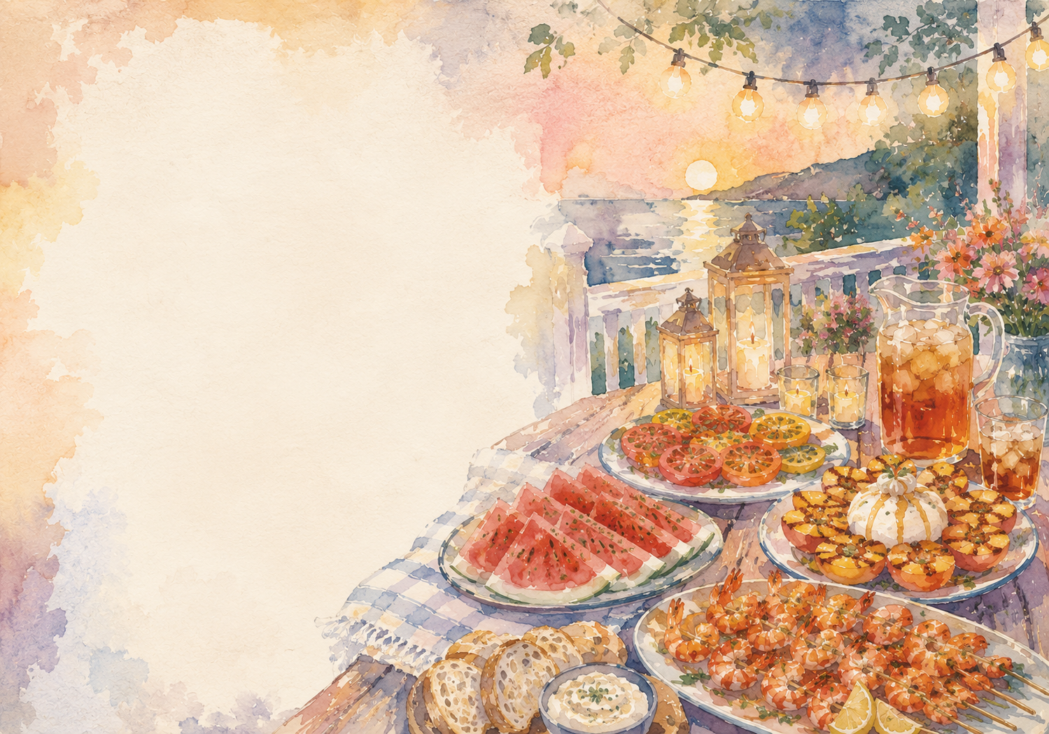 Watercolor painting of a summer outdoor dinner with food and drinks on a table.