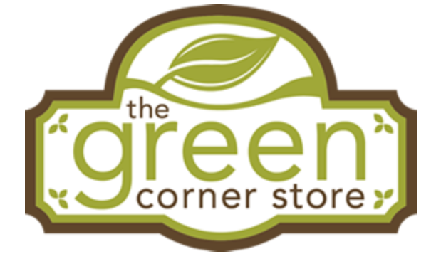 Logo of 'the green corner store' with a leaf design on a white background