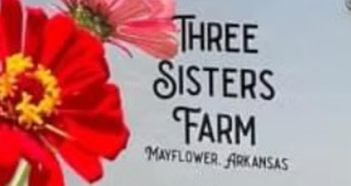 Three Sisters Farm logo with red flowers on a light blue background