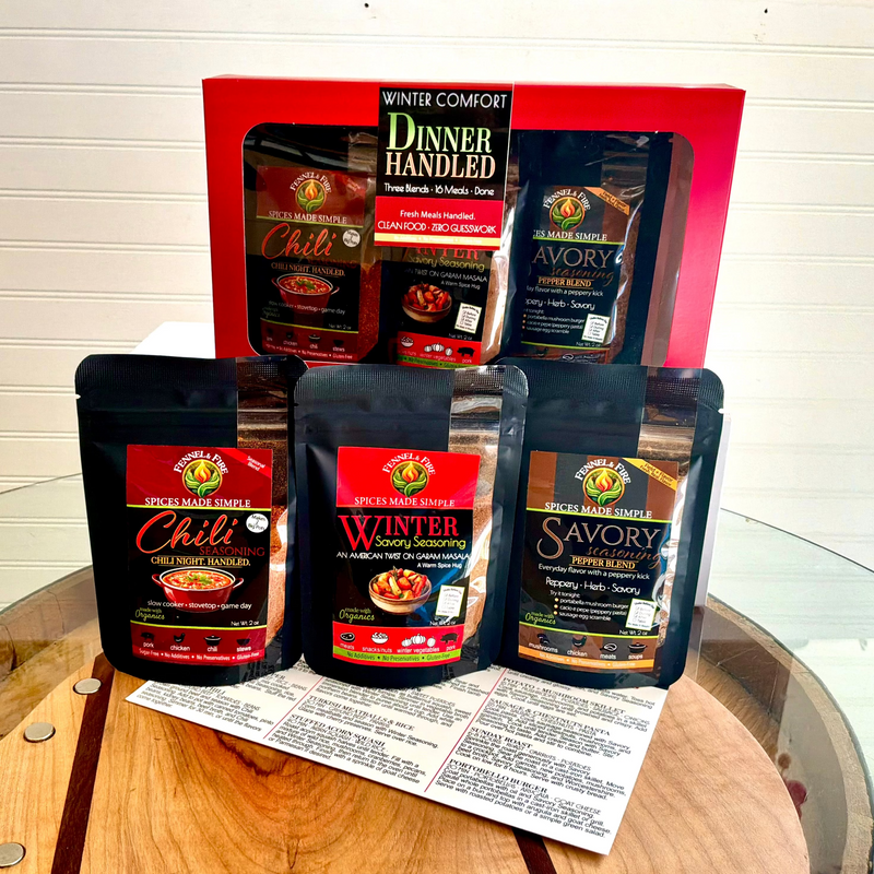 three spices and recipe card on barrel. along with a red box of the three spices