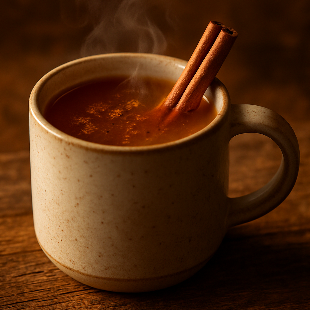a cup of warm mulled apple cider with a cinnamon stick in the mug 