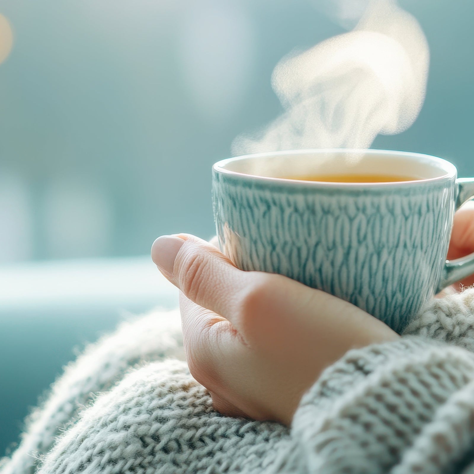 Hand holding a steaming mug with a blurred background