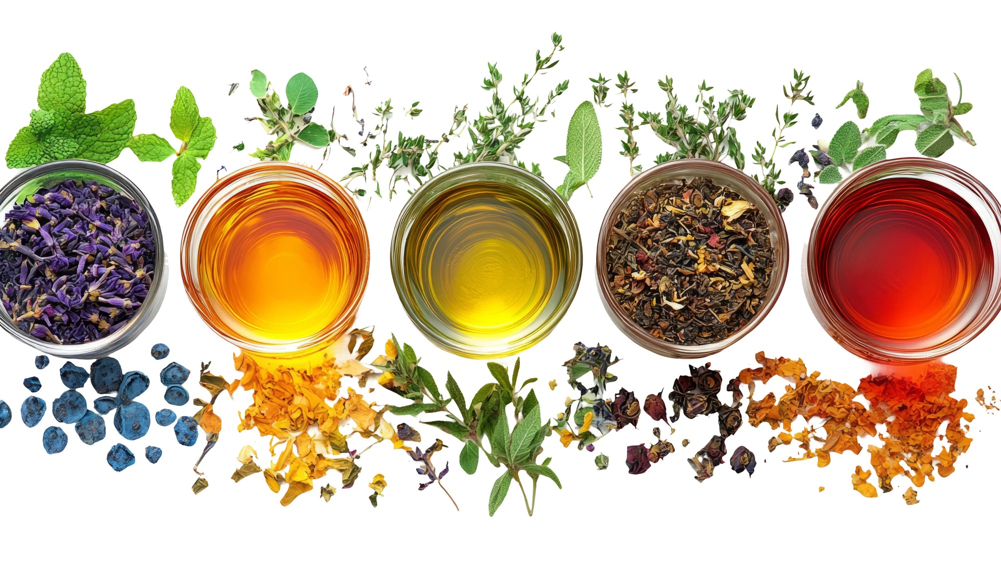 five cups. One with purple flowers one with yellow tea one with green tea on with a tea blend and one red tea. on white background
